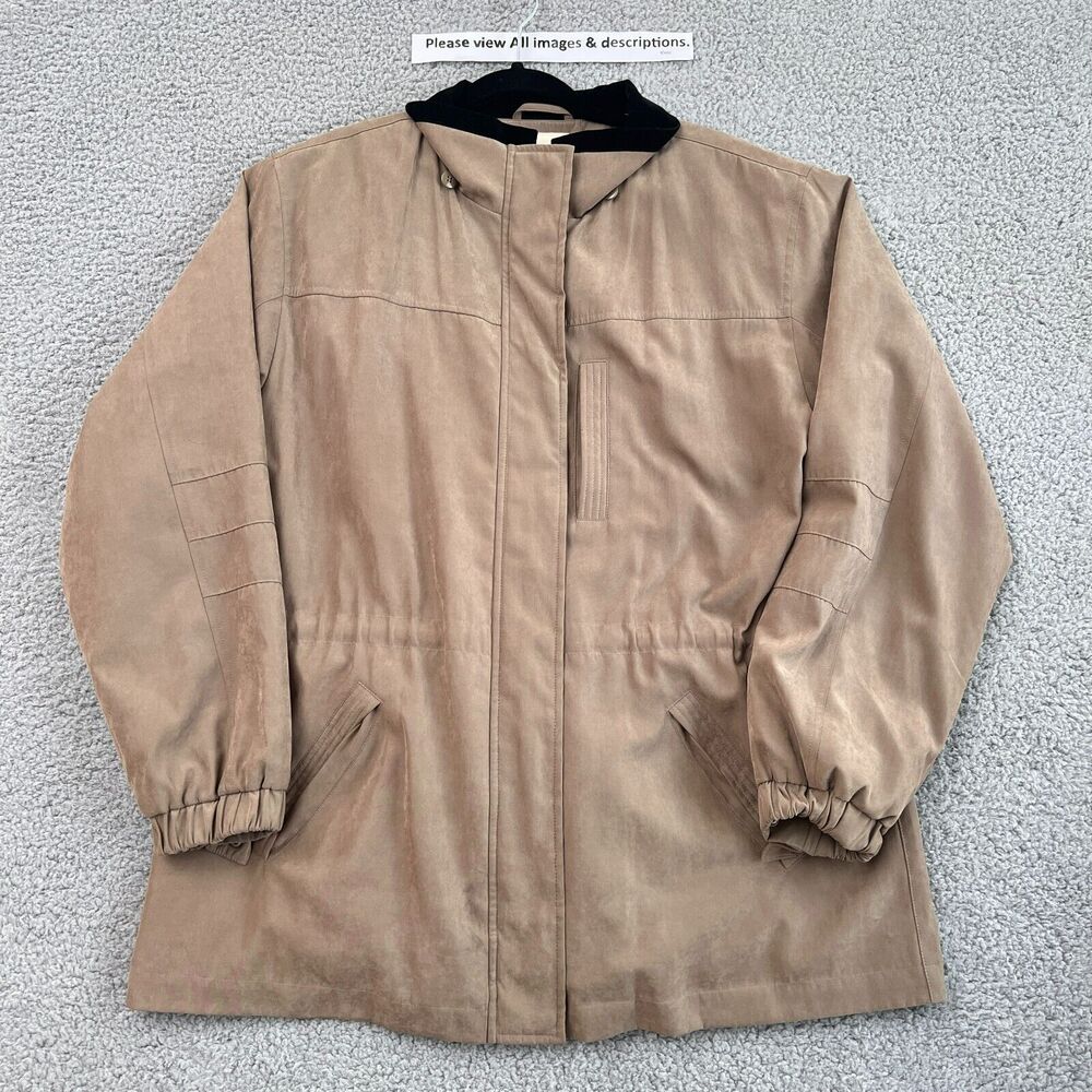 St. Johns Bay Jacket Womens XL Beige Black Collared Zip Up Snap Lined Pockets